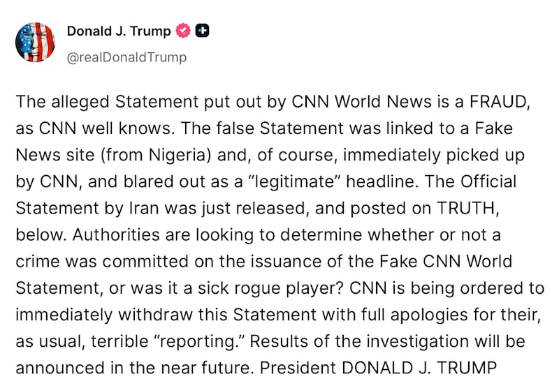 Donald Trump blasts CNN on Truth Social.