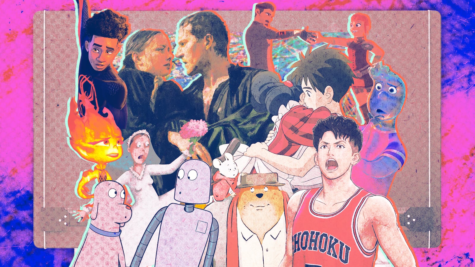 A photo illustration of various animated movies from 2023.