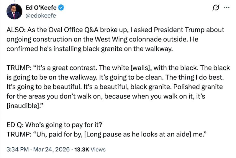 Trump tells reporter the new walkway outside the Oval Office will be paid for by him.