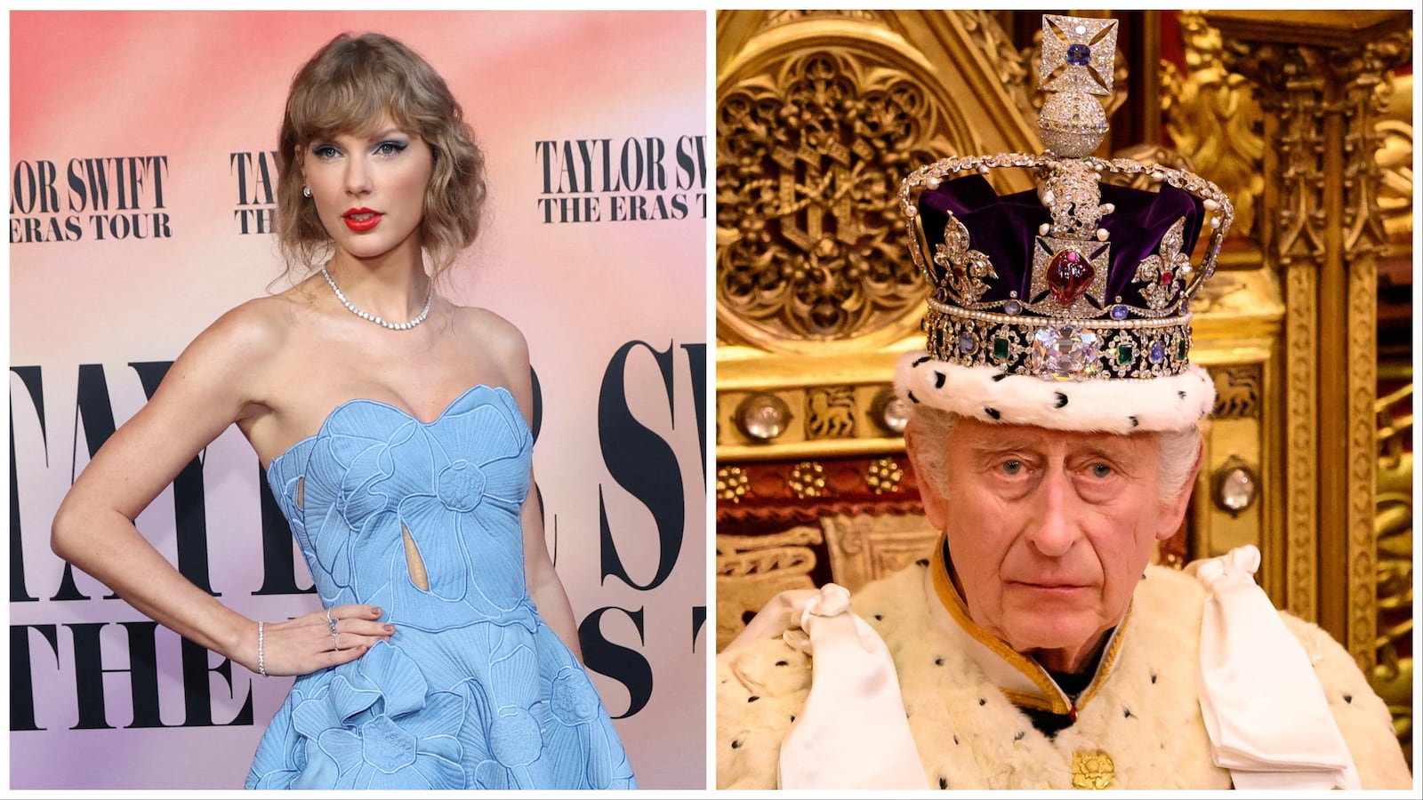 Taylor Swift attends a premiere for Taylor Swift: The Eras Tour (L). Britain's King Charles III attends the State Opening of Parliament (R).