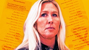 A photo illustration of Marjorie Taylor Greene in front of GA special election ballots.