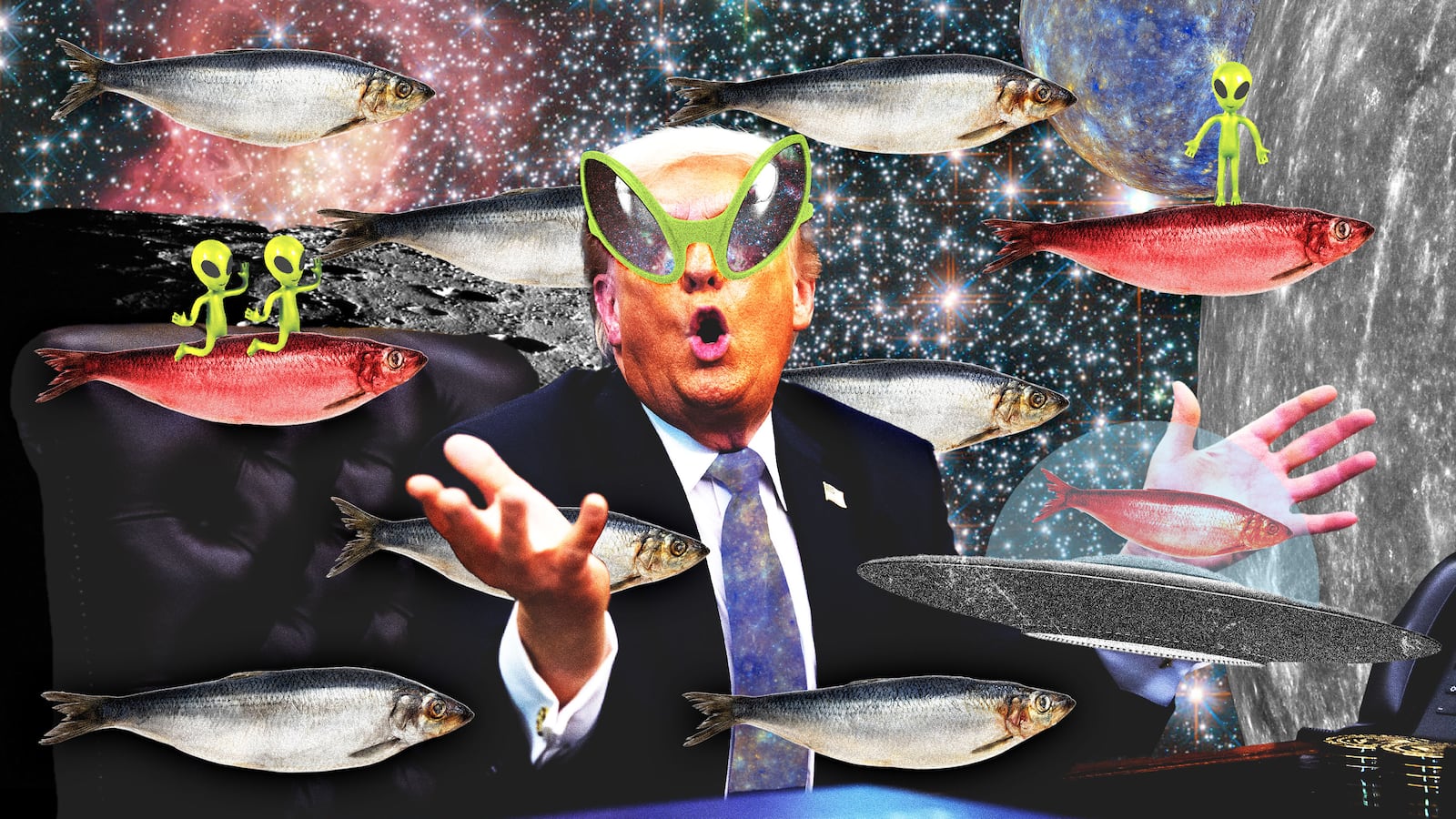 Illo illustration of Donald Trump wearing alien sunglasses with red herrings swimming around him on top of aliens, planets, and general outer space background
