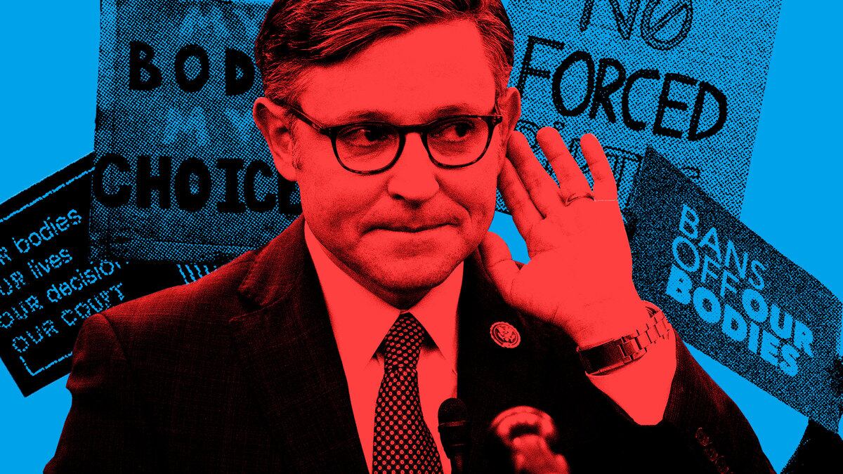 A photo illustration of Mike Johnson in red with cut outs of hands holding pro choice signs in blue