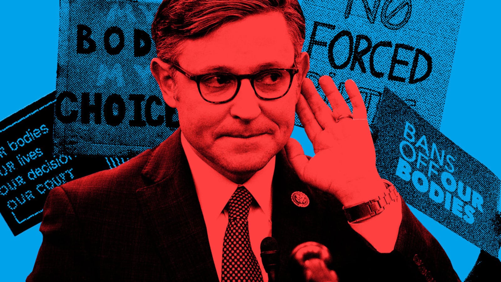 A photo illustration of Mike Johnson in red with cut outs of hands holding pro choice signs in blue