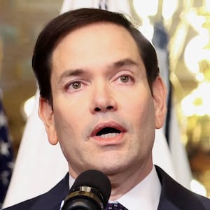 Marco Rubio speaks after he is sworn in as Secretary of State by U.S. Vice President JD Vance at the Eisenhower Executive Office Building in Washington, U.S., January 21, 2025.