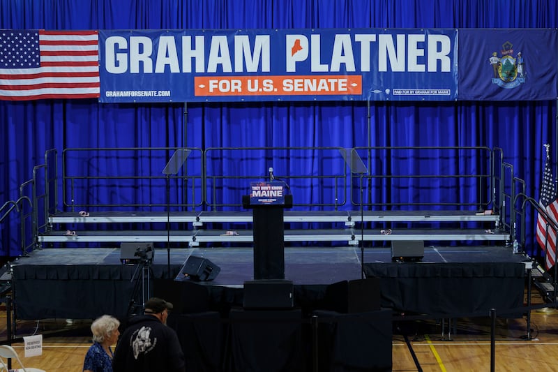 The empty stage awaits the arrival of Democratic U.S. Senate candidate Graham Platner at his Primary Election event on June 9, 2026 in Blue Hill, Maine.