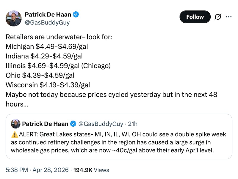 Patrick De Haan's X.com post about gas prices in the Midwest.