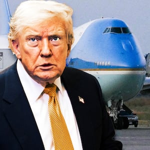 A photo illustration of Donald Trump and a old VC-25A Air Force One parked on the tarmac prior to departure with President from Ankara Esenboga Airport in Ankara, Turkey, on July 8, 2026, after attending the NATO Summit.