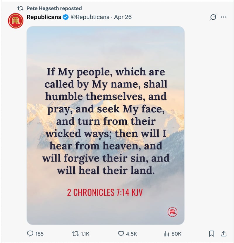 Pete Hegseth reposting bible verse on his official X account.