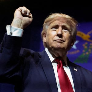 Donald Trump gestures after delivering remarks.