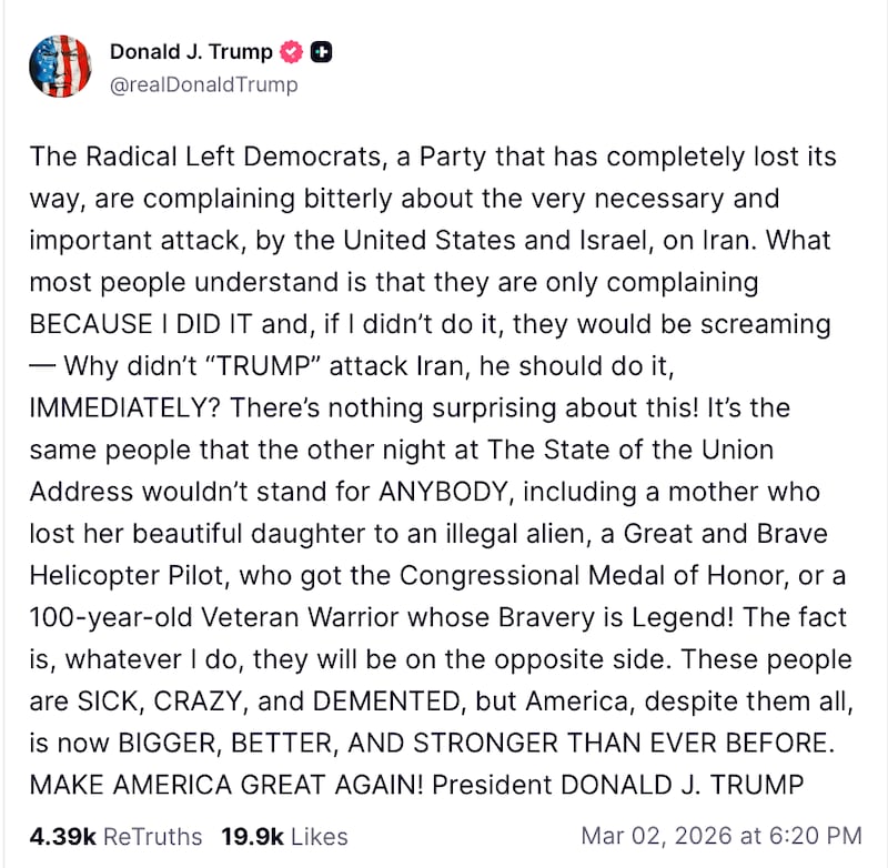 Trump claimed Democrats would have been clamoring for strikes on Iran if he hadn't done so.