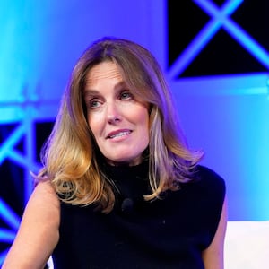 Sharyn Alfonsi, Correspondent, 60 Minutes reacts in conversation with José Andrés, Chef, Humanitarian & Founder, World Central Kitchen during 2022 Texas Conference For Women at Austin Convention Center on November 09, 2022 in Austin, Texas.