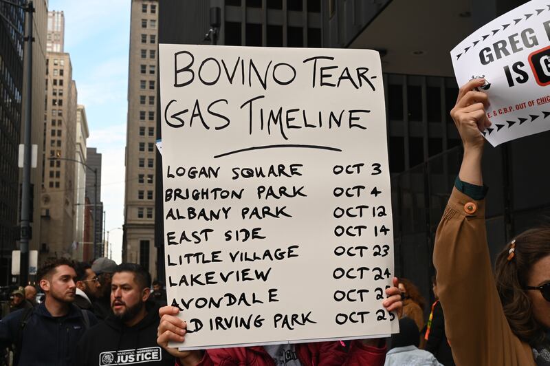 CHICAGO, ILLINOIS - NOVEMBER 5: Protesters gather outside the Everett McKinley Dirksen United States Courthouse in downtown Chicago, demanding accountability and punishment for Gregory Bovino, Commander-at-large of the U.S. Border Patrol who failed to appear in person for his scheduled court proceedings, on November 5, 2025 in Chicago, Illinois. (Photo by Jacek Boczarski/Anadolu via Getty Images)