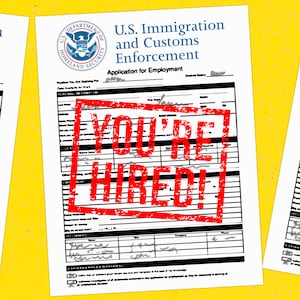 A photo illustration of ICE job applications with red You're Hired! stamps.