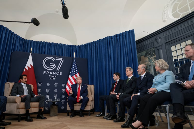 U.S. President Donald Trump, U.S. Secretary of State Marco Rubio, Treasury Secretary Scott Bessent, Commerce Secretary Howard Lutnick, White House chief of staff Susie Wiles and Trade Representative Jamieson Greer attend a bilateral meeting with the Emir of Qatar, Sheikh Tamim bin Hamad Al Thani, on the sidelines of the G7 summit, in Evian-les-Bains, France, June 16, 2026. REUTERS/Evelyn Hockstein