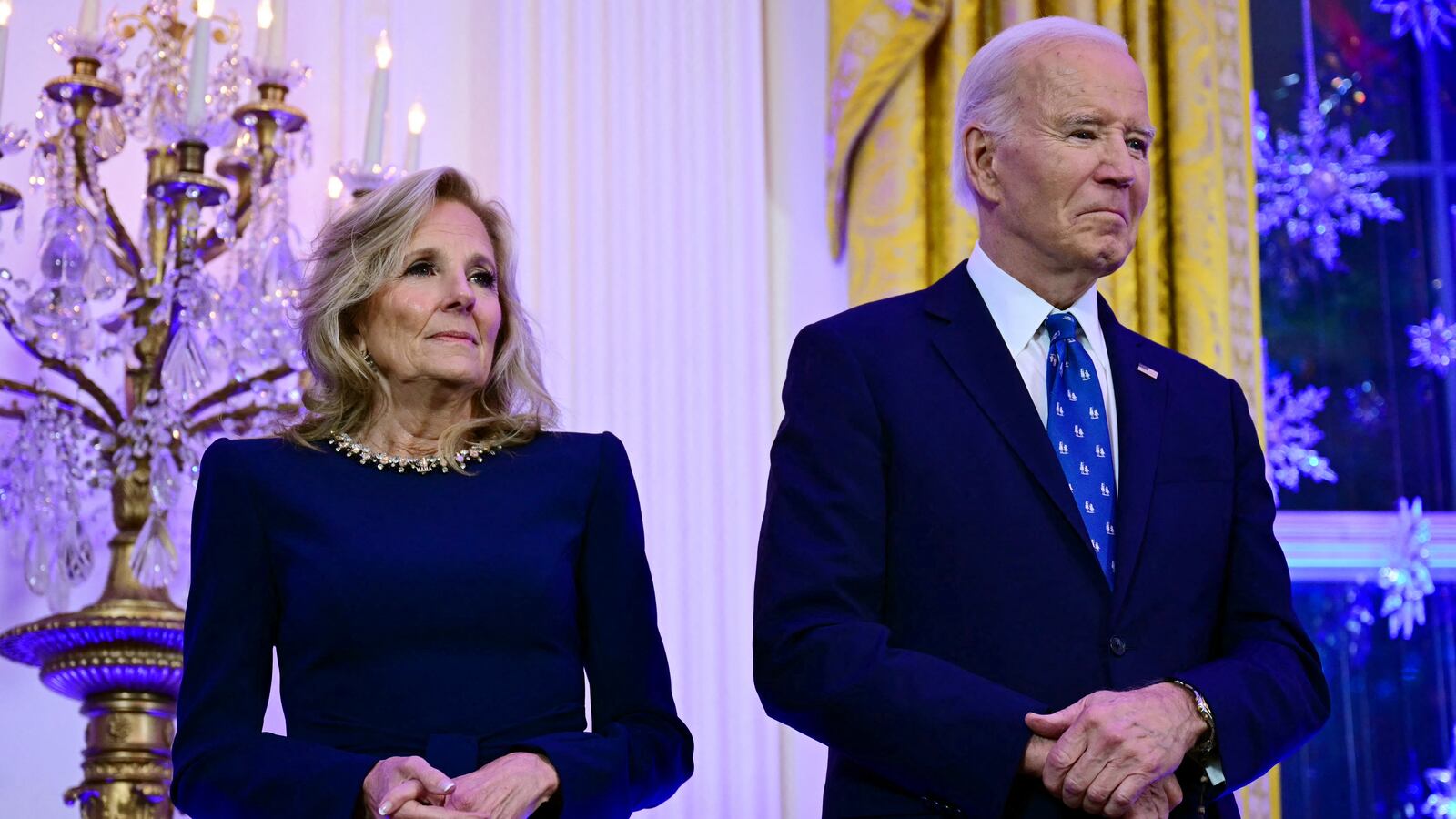 US President Joe Biden and First Lady Jill Biden attend a Hanukkah holiday reception in the East Room of the White House on December 16, 2024, in Washington, DC.