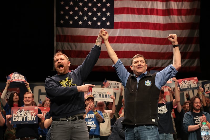 Graham Platner with Troy Jackson (R) who is considered a frontrunner if Platner drops out of the Maine Senate race.