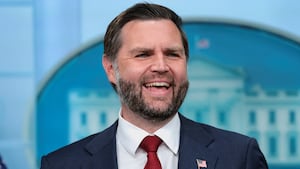 U.S. Vice President JD Vance reacts as he holds a press briefing, the first since Karoline Leavitt stepped down as press secretary, at the White House, in Washington, D.C.