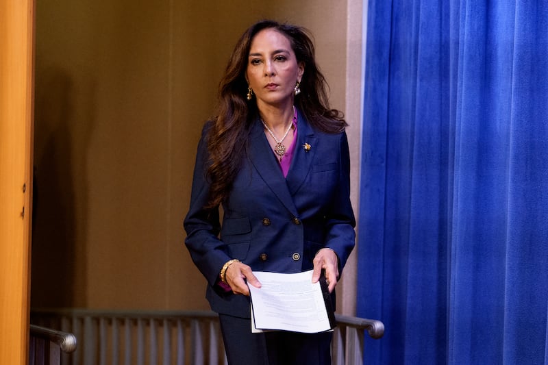 Assistant Attorney General for Civil Rights Harmeet Dhillon arrives for a news conference at the Justice Department on September 29, 2025 in Washington, DC.