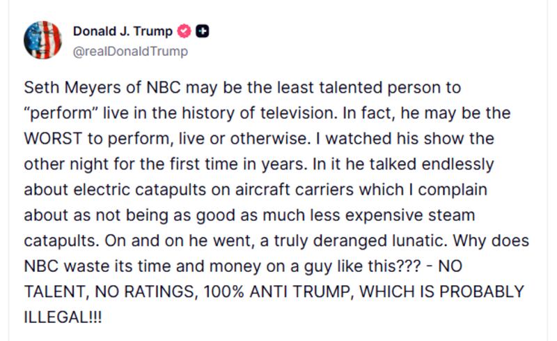 Donald Trump talking about Seth Meyers on Truth Social