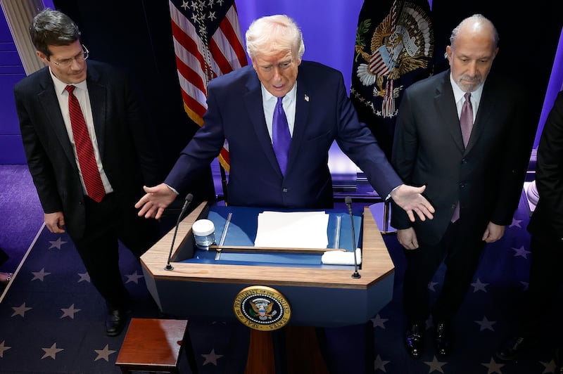 U.S. President Donald Trump speaks during a press briefing held at the White House February 20, 2026 in Washington, DC.