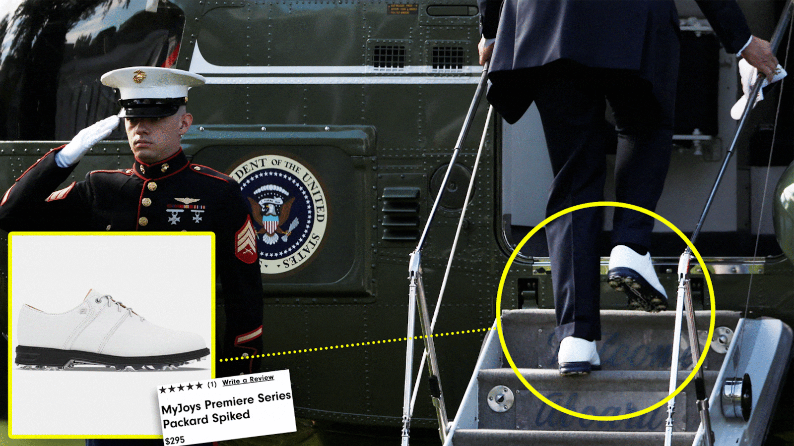 Donald Trump walking up Marine One wearing white golf shoes from MyFoot