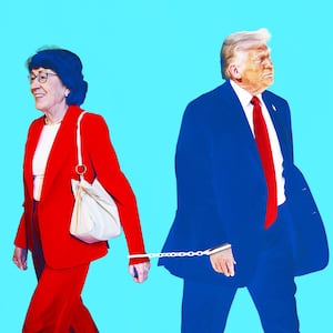 Susan Collins and Donald Trump handcuffed together.