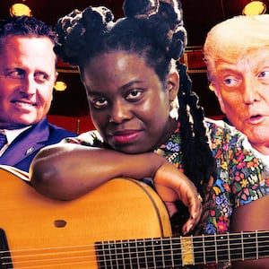 A photo illustration of Ric Grenell, Yasmin Williams, and Donald Trump, and the John F. Kennedy Center for the Performing Arts in Washington, DC.