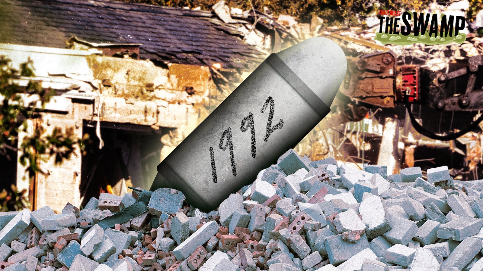 A photo illustration of a metal time capsule in the rubble of the White House East Wing demolition with the year 1992 written on it.