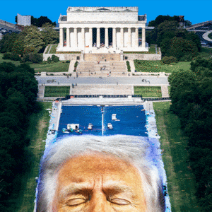 Illo illustration gif of Donald Trump moving up and down with his eyes closed in front of the renovation of the Washington Monument Reflecting Pool