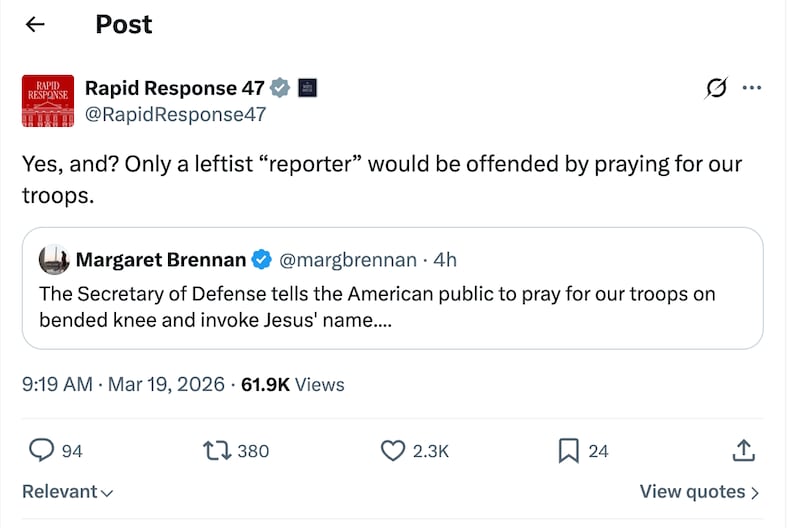 The White House hit back on Brennan's apparent shock over Hegseth's religious ranting.