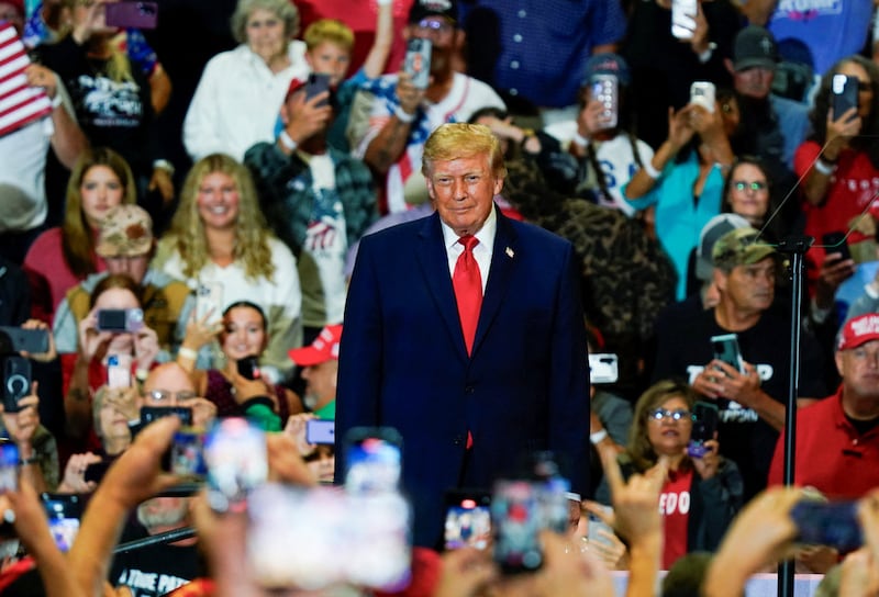 President Donald Trump participates in a midterm election rally for Oklahoma Republican gubernatorial candidate Mike Mazzei at the Choctaw Event Center in Durant, Oklahoma, October 1, 2026.
