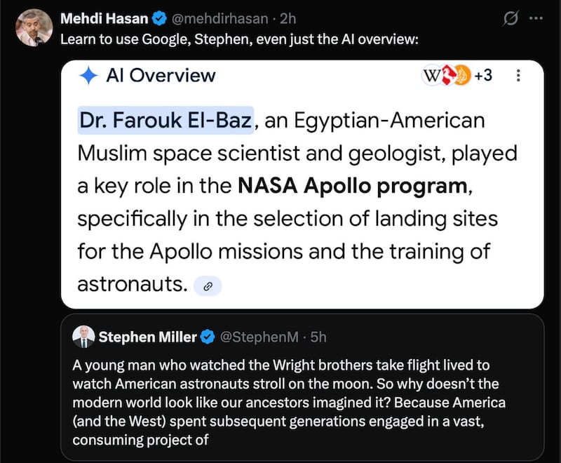 Journalist Mehdi Hassan used Google to undermine Miller's point.
