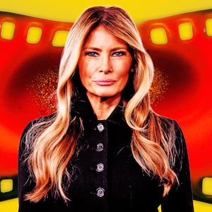 A photo illustration of Melania Trump and melting film strip in the background.