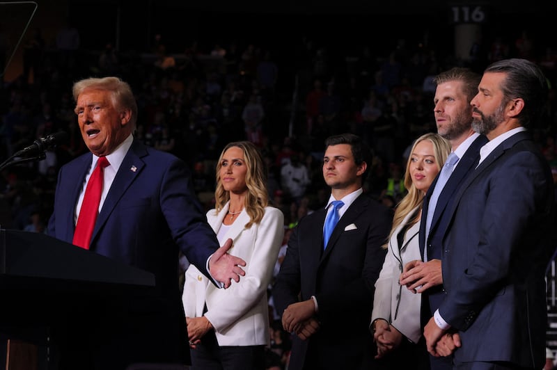 Lara Trump, Tiffany Trump and her husband Michael Boulos, Donald Trump Jr, and Eric Trump look on at a 2024 campaign rally. Lara has hosted a Fox News show since February 2025.