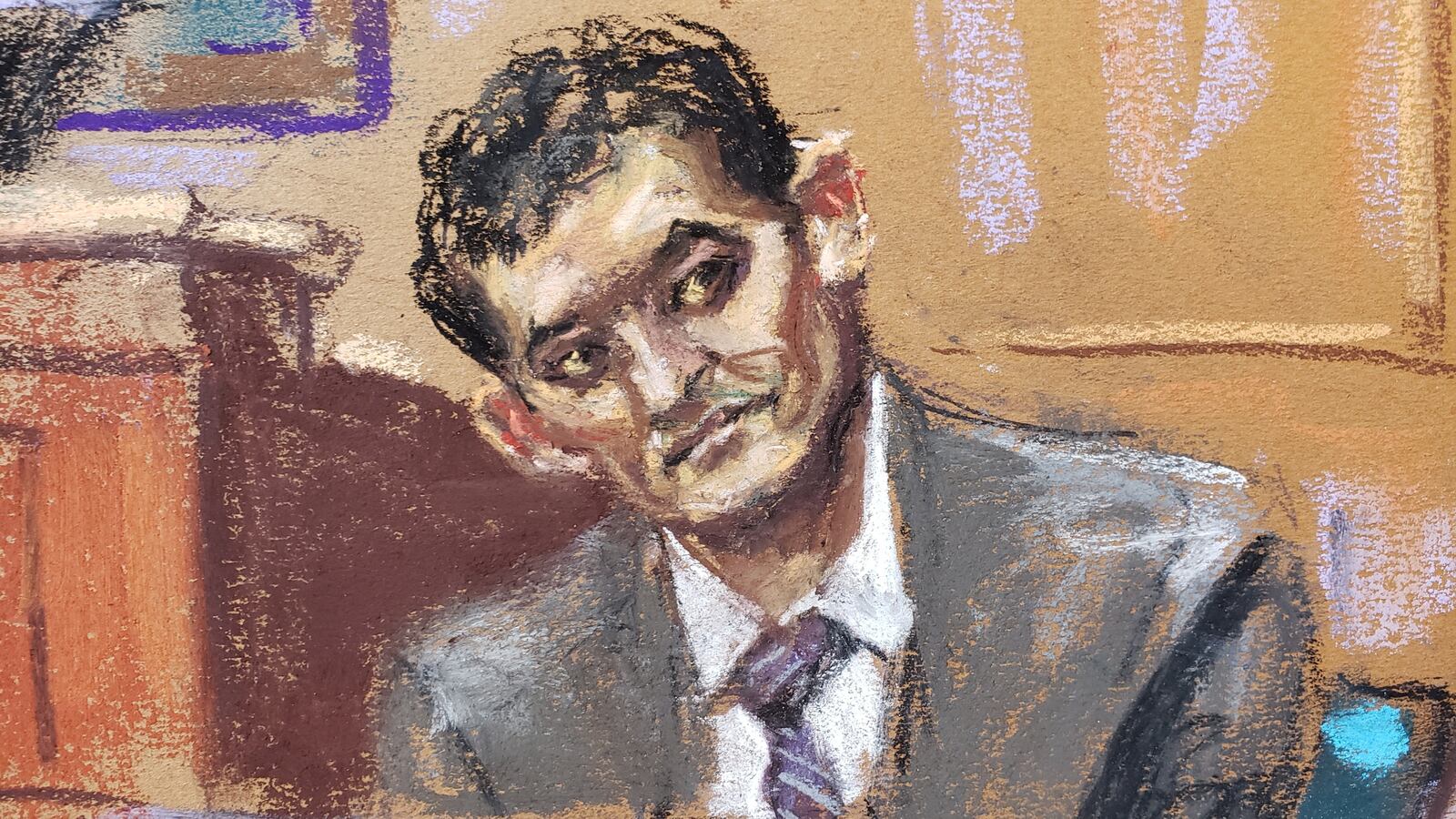 A courtroom sketch of FTX founder Sam Bankman-Fried testifying.
