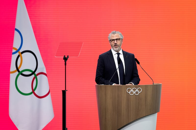 MILAN, ITALY - FEBRUARY 03: Chairman of LA28 Casey Wasserman speaks during the IOC Session at the Main Media Centre MPC at Allianz MiCo on February 03, 2026 in Milan, Italy. (Photo by Andreas Rentz/Getty Images)