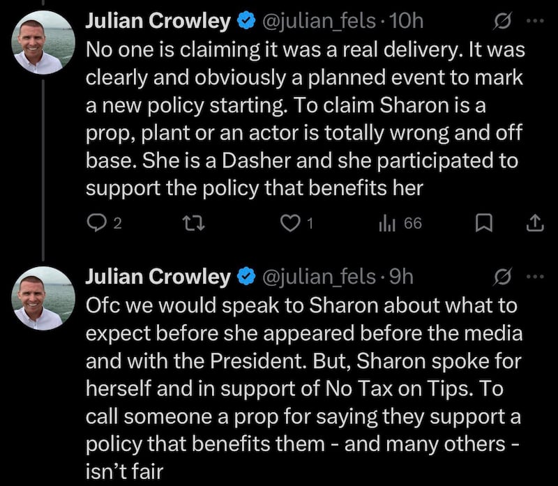 Crowley vented about his DoorDash stunt, which went awry, in a series of X posts.