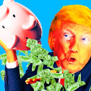 A photo illo illustration of Donald Trump holding a piggy bank upside down and money falling out.