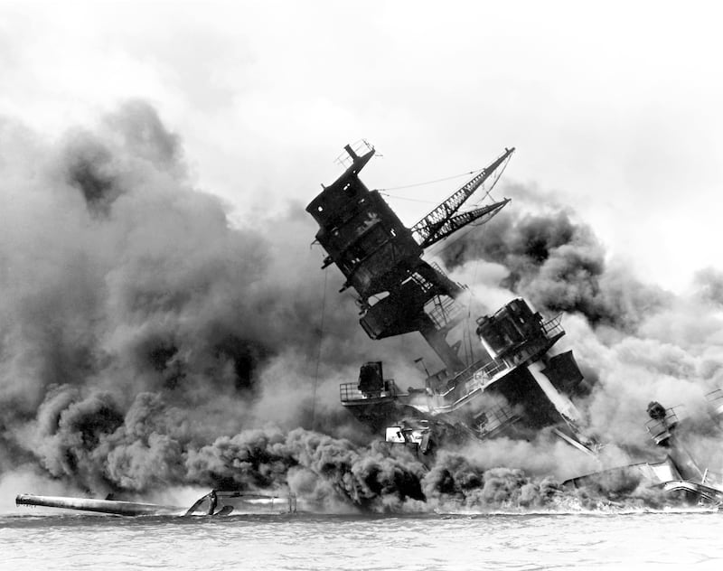 USA/Japan: The USS Arizona (BB-39) burning after the Japanese attack on Pearl Harbor, 7 December 1941. (Photo by: Pictures from History/Universal Images Group via Getty Images)