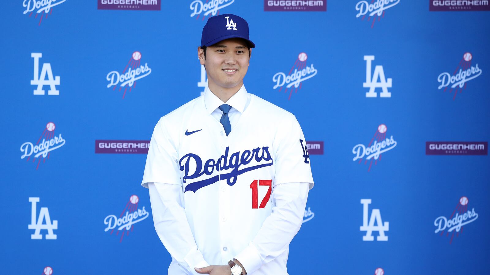 Shohei Ohtani is introduced by the Los Angeles Dodgers at Dodger Stadium on December 14, 2023 in Los Angeles, California.