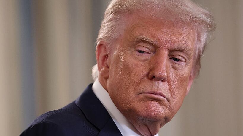 President Donald Trump looks on as Israeli Prime Minister Benjamin Netanyahu delivers remarks during a joint news conference in the State Dining Room at the White House on September 29, 2025 in Washington, DC. President Trump welcomed Netanyahu for his fourth visit to the White House, where the two leaders met to discuss the latest U.S. backed plans to end the war in Gaza and secure the release of the remaining hostages held by Hamas. (Photo by Win McNamee/Getty Images)