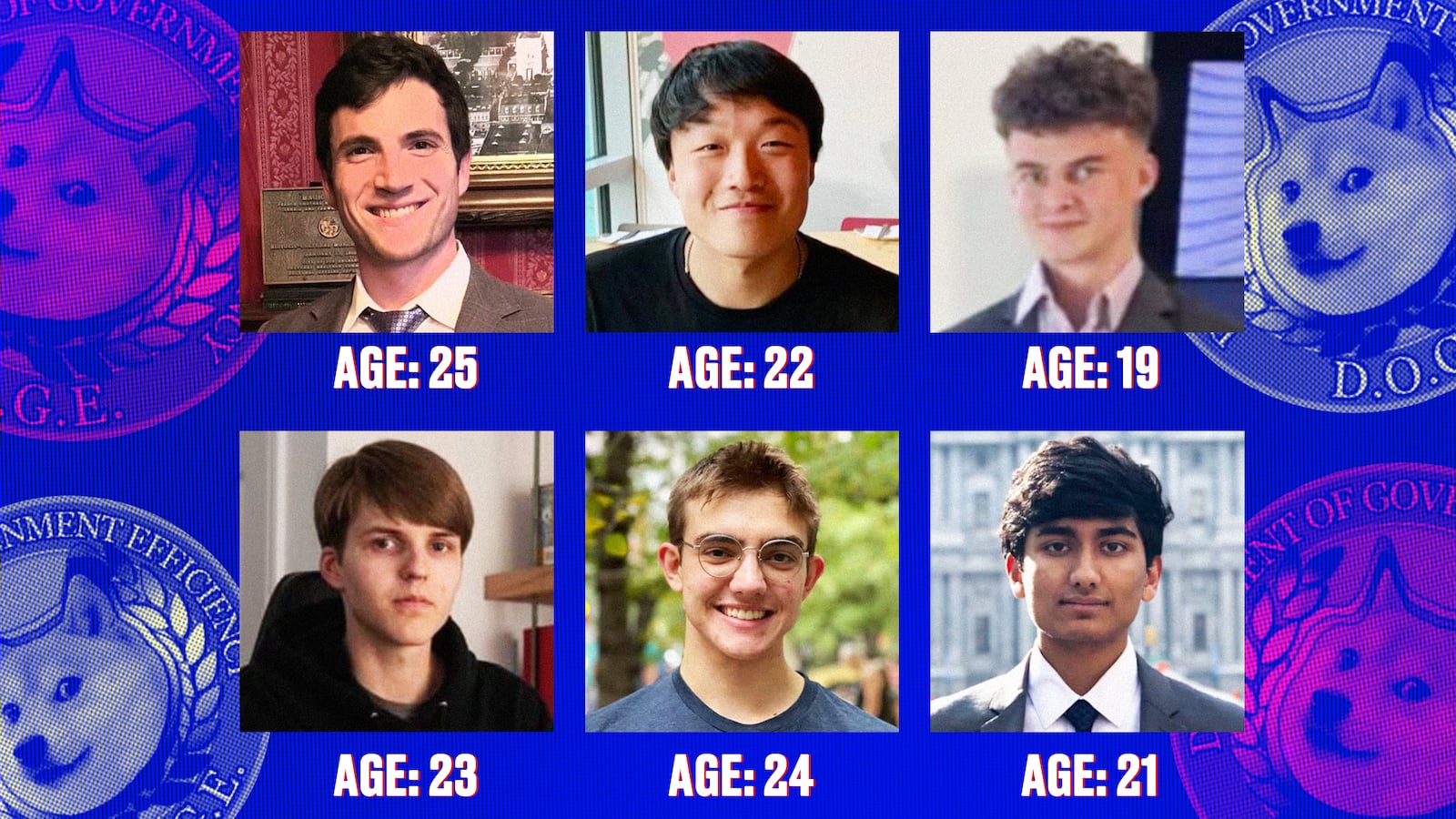 A photo illustration of DOGE Akash Bobba, - 21 / Edward Coristine, - 19 / Luke Farritor - 23 / Gautier Cole Killian - 24 / Gavin Kliger - 25 / Ethan Shaotran 22