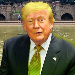 A photo illo illustration of Donald Trump in front of the Meridian Hill Park Cascading Fountain.
