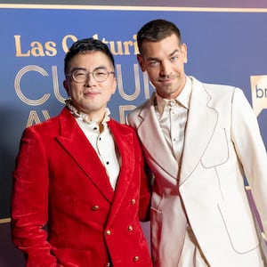 LOS ANGELES, CALIFORNIA - JULY 17: (L-R) Bowen Yang and Matt Rogers arrive at the Las Culturistas Culture Awards at The Orpheum Theatre on July 17, 2025 in Los Angeles, California. (Photo by Emma McIntyre/WireImage)