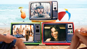 A photo illustration of a summer beach scene with televisions set showing Odyssey, Summer House, and Obsession.