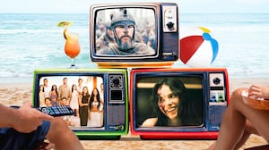 A photo illustration of a summer beach scene with televisions set showing Odyssey, Summer House, and Obsession.