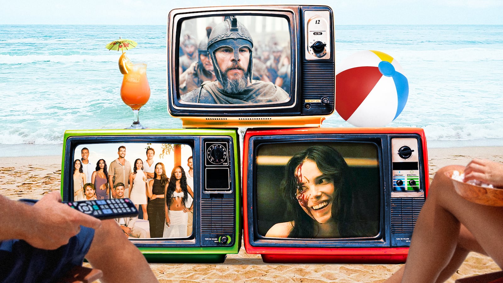 A photo illustration of a summer beach scene with televisions set showing Odyssey, Summer House, and Obsession.