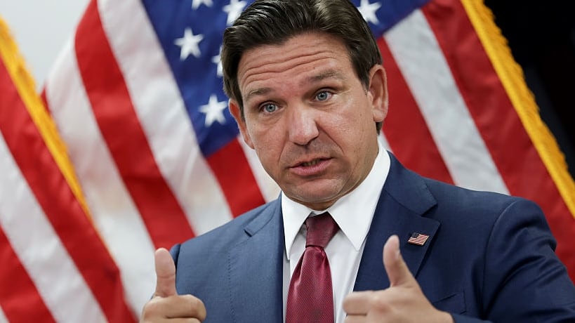 Florida Gov. Ron DeSantis speaks during a press conference on April 10, 2025 in Miami, Florida. DeSantis talked about his desire to relieve Florida condo owners of the high fees they are struggling with after they were put in place following the 2021 collapse of the condominium tower in Surfside, Florida.