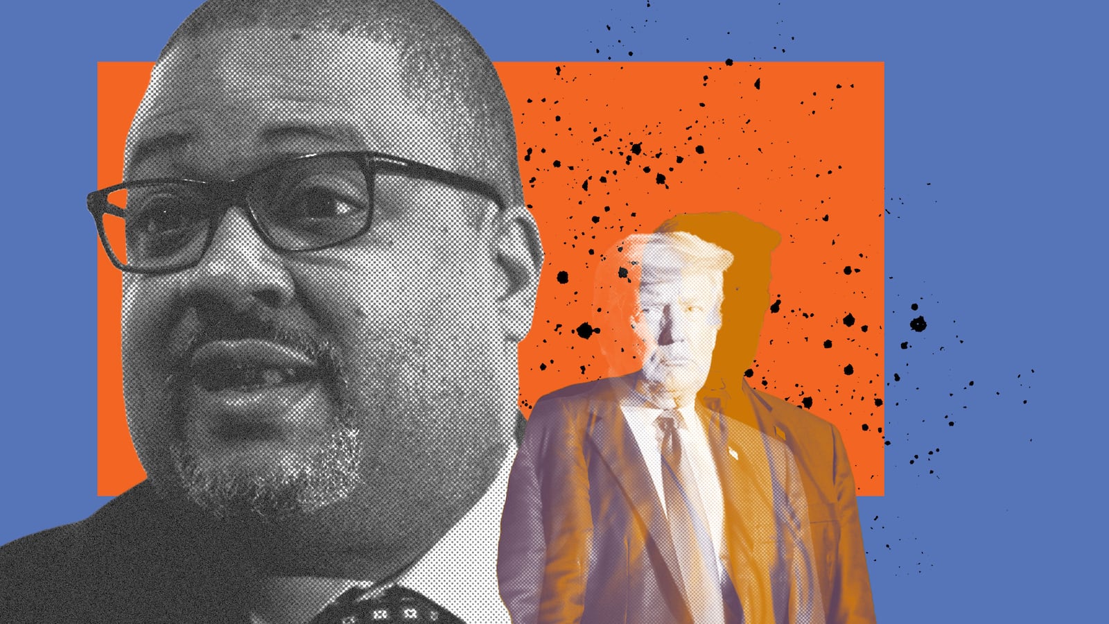 A photo illustration of Manhattan DA Alvin Bragg and Donald Trump.